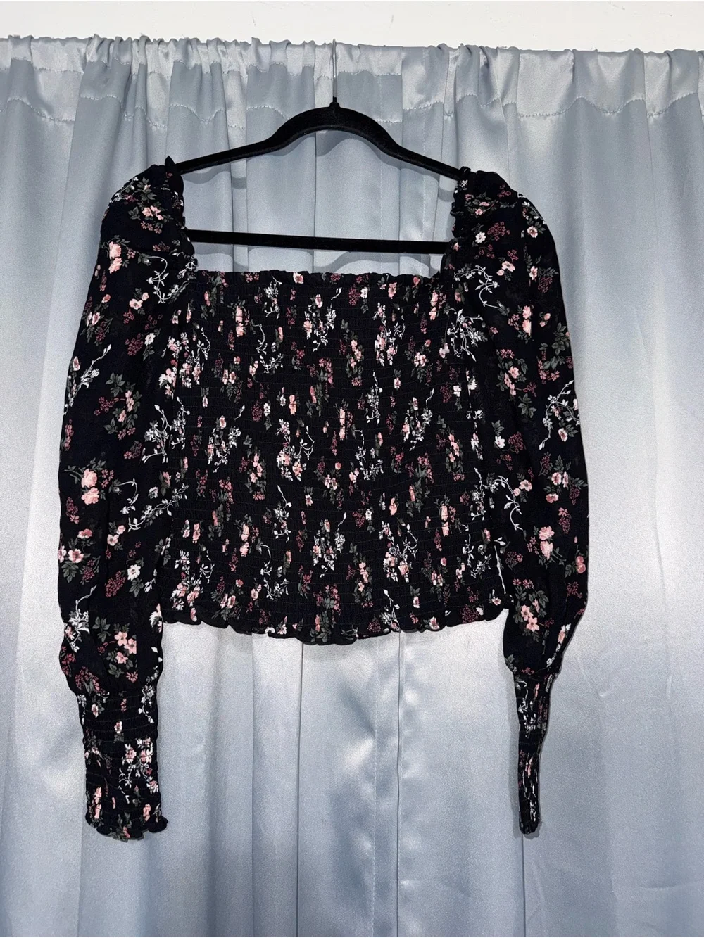 Reformation Black Smocked Off-Shoulder Top with Pink Floral